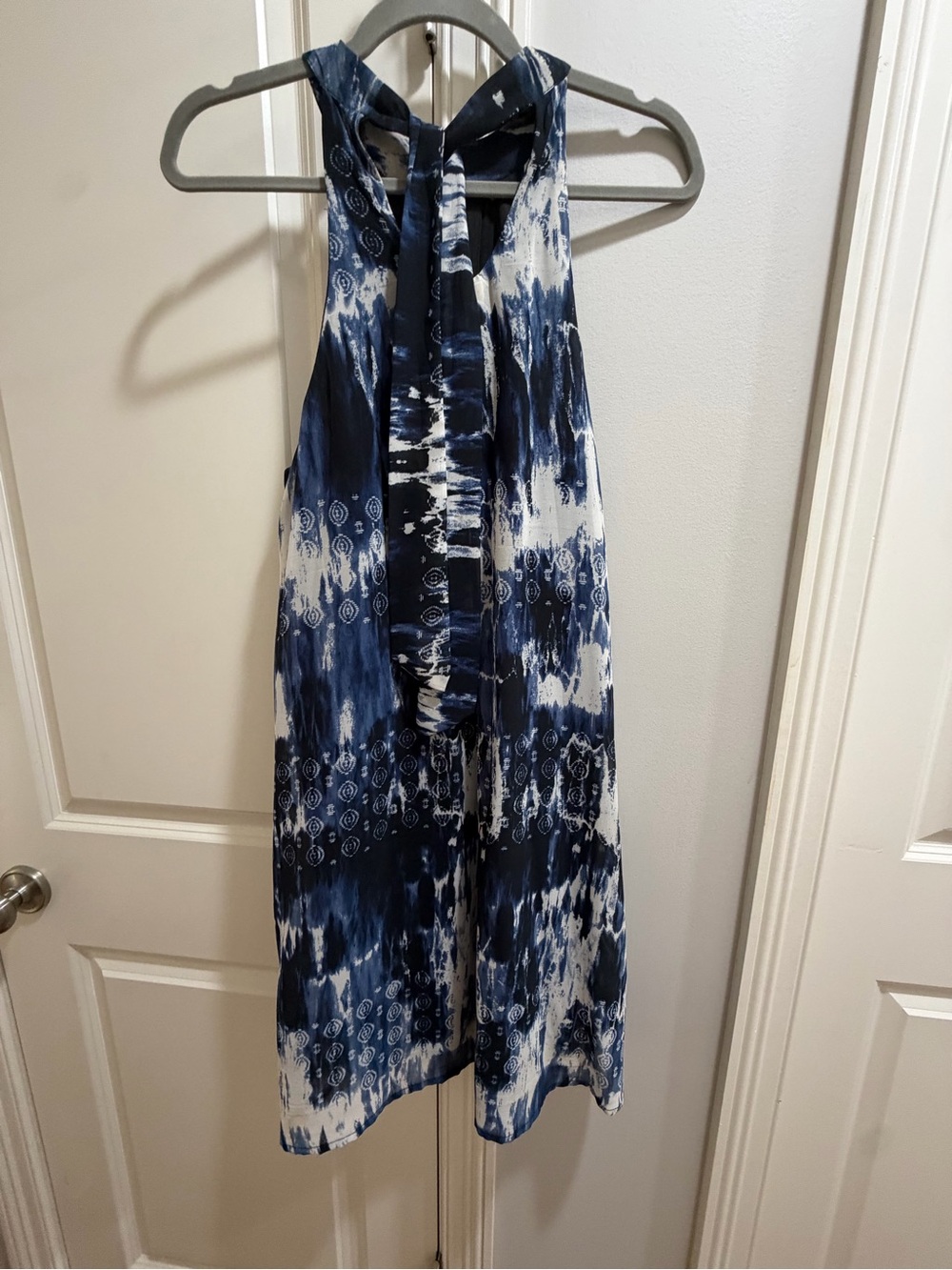 Sleeveless Navy and White Tie-Dye Halter Dress